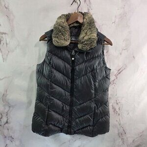 Eddie Bauer Down Vest Womens Small Gray Zip Faux Fur Quilted Puffer Coat 650 FP